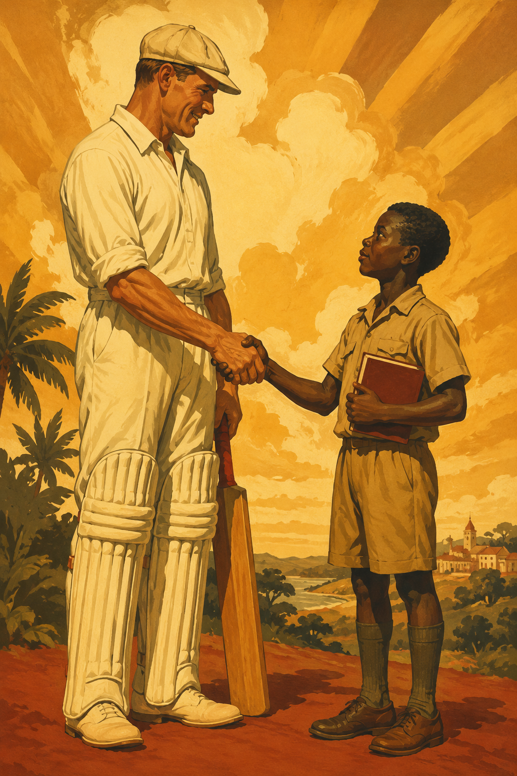 Cricket For Change — a cricketer and a Togolese schoolchild, Great War poster style